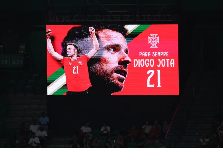 LISBON, PORTUGAL - OCTOBER 11: A screen displays a tribute to Diogo Jota during the FIFA World Cup 2026 qualifier match between Portugal and