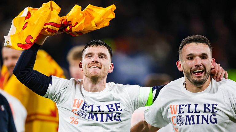 GLASGOW, SCOTLAND - NOVEMBER 18: Scotland's Andy Robertson (L) and John McGinn celebrate at full time during a FIFA World Cup 2026 Qualifier